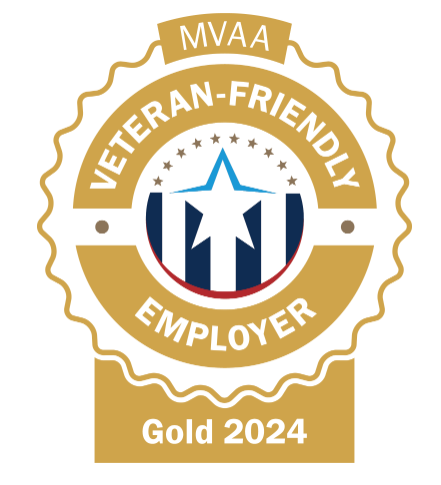 Gold circle badge logo with rising star in front of stripes in the middle with text Michigan Veteran’s Affairs Agency 2025 Veteran Friendly Employer.